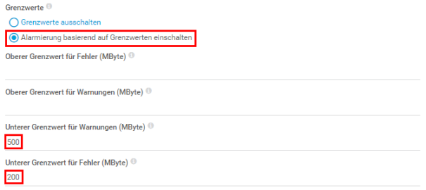 PRTG Screenshot aktiviert Alarmierung auf Basis von Grenzwerten
